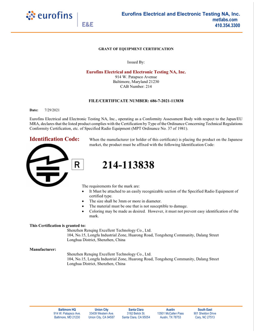 Traceur intelligent TELEC EMC113838 Certificat Japon 1